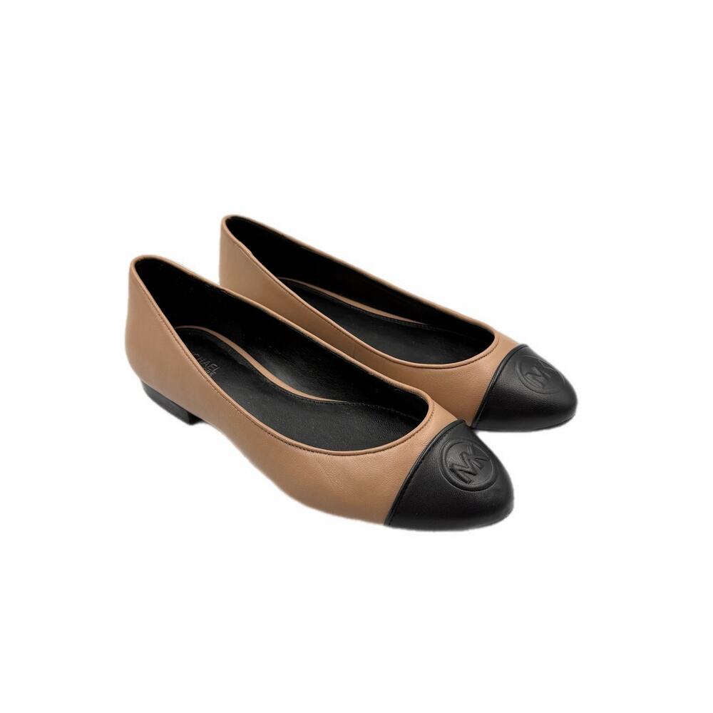 MICHAEL Michael Kors Dylyn Logo Leather Cap Toe Black & Tan Classic Ballet Flats